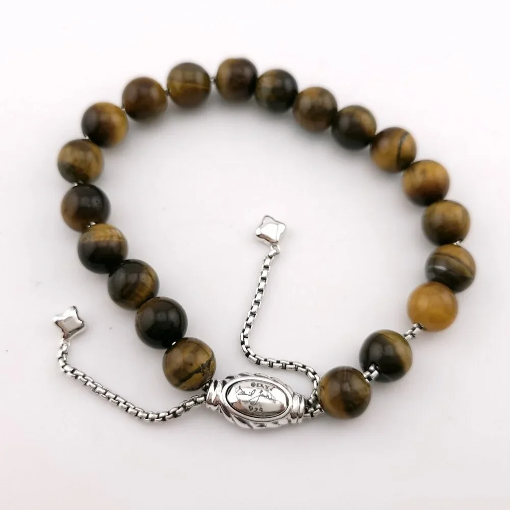 David Yurman Sterling Silver 8mm Tiger's Eye Spiritual Bead Beaded Pull Bracelet